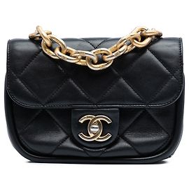 Black Chanel Mini Quilted Lambskin Chain Top Handle Flap Satchel Black