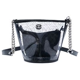 Borsa a secchiello Chanel Coco Camellia Small in PVC nero e vitello stropicciato Nero
