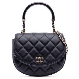 Black Chanel CC Quilted Lambskin Half Moon Top Handle Flap Satchel Black