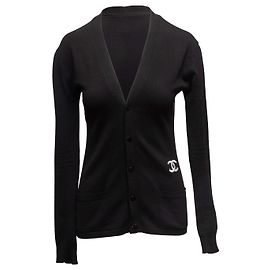 Cardigã Chanel em lã com decote em V preto e branco tamanho FR 48 Preto