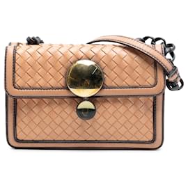Borsa a tracolla con patta doppia Bottega Veneta Nappa Intrecciato Tan con specchio Cammello