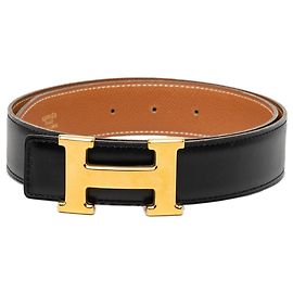 Black Hermès Box Calf and Courchevel Constance H Reversible Belt Black