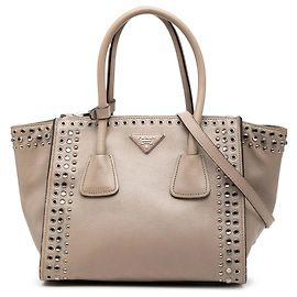 Sac Satchel Prada Glace Calf à clous et double poche, Beige Beige