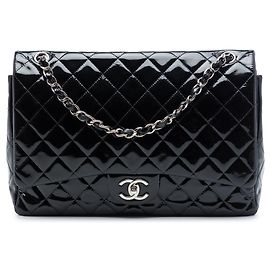 Black Chanel Maxi Classic Patent Double Flap Shoulder Bag Black