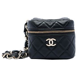 Black Chanel CC Quilted Lambskin Cube Wristlet Vanity Case Black