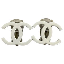 Silver Chanel CC Silver Plated Lacquered Clip On Earrings Silvery