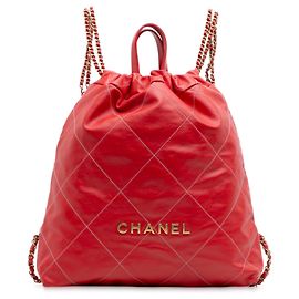 Red Chanel Large Shiny Quilted Calfskin 22 Backpack Red