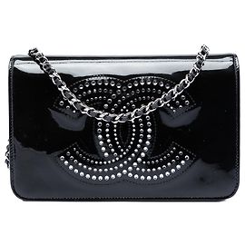 Borsa a tracolla Chanel CC in vernice nera con strass Nero