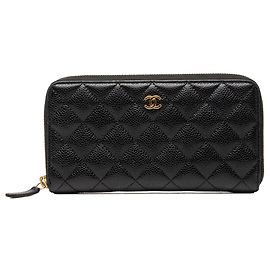 Black Chanel CC Quilted Caviar Zip Around Long Wallet Black