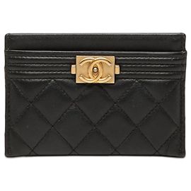 Black Chanel Quilted Lambskin Boy Card Holder Black