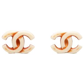 White Chanel CC Resin Gold Plated Clip On Earrings White
