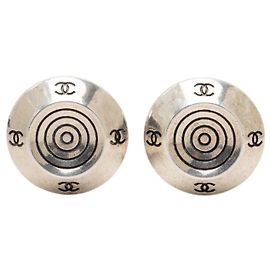 Silver Chanel CC Brass Target Round Clip On Earrings Silvery