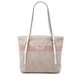 Beige Prada Canvas Logo Stripe Shopper Tote Beige