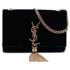 Borsa a tracolla piccola Saint Laurent Kate in scamosciato con monogramma nera con nappa Nero