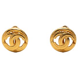 Gold Chanel CC Gold Plated Round Clip On Earrings Golden