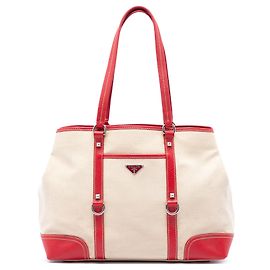 Bolsa Tote de lona bege com acabamento em couro com tachas Prada Bege