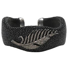 Designers Remix Black Stingray Skin & Pave Diamond Cuff Bracelet Black