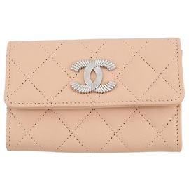 Beige Chanel CC Quilted Caviar Card Holder Beige