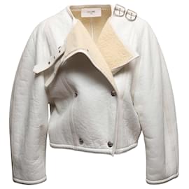 Céline White Celine Double-Breasted Shearling Jacket Size US 6 White
