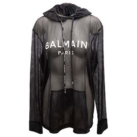 Black & White Balmain Sheer Mesh Hooded Top Size US M Black
