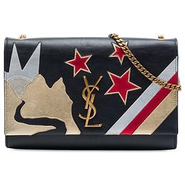 Borsa a tracolla Kate Rockstar Patchwork Monogram in pelle di vitello liscia nera, misura Medium di Saint Laurent Nero