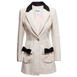 White & Black Chanel Cotton Bow-Accented Longline Blazer Size FR 34 White