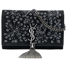 Borsa a tracolla Saint Laurent Kate Tassel Wallet on Chain in scamosciato con perline monogramma nero Nero