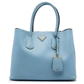 Sac à main double en cuir Saffiano large bleu Prada Bleu