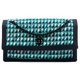 Bolsa de ombro Chanel CC multicolorida em tweed acolchoado azul com padrão pied-de-poule e sanfonada Azul