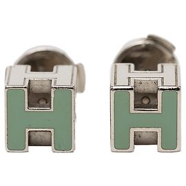 Green Hermès Palladium Plated Enamel Cage dH Cube Push Back Earrings Green
