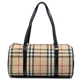 Beige Burberry House Check Canvas Barrel Handbag Beige
