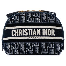 Blaues Dior Oblique besticktes Samt-Kosmetiktäschchen Blau
