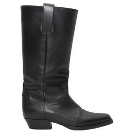 Black Chanel Knee-High Leather Western Boots Size 40.5 Black