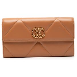 Brown Chanel Quilted Lambskin 19 Flap Wallet Long Wallets Brown