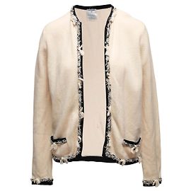 Vintage Beige & Schwarz Chanel Cashmere Cardigan mit offenem Front Verschluss Größe FR 42 Beige