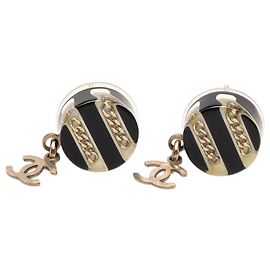 Black Chanel Brass Resin CC Drop Round Push Back Earrings Black