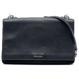 Borsa a tracolla con catena Black Prada Saffiano Lux e Tessuto Nero