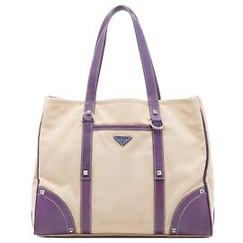 Bolsa Tote Satchel Prada em lona marrom com acabamento em couro com tachas e bolso frontal Marrom