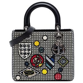 Borsa Lady Dior in pelle di vitello nera con inserti in mesh microcannage, misura Medium Nero