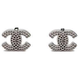 Silver Chanel CC Brass Perforated Clip On Earrings Silvery