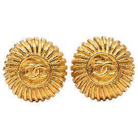 Gold Chanel CC Gold Plated Sunburst Round Clip On Earrings Golden