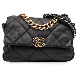 Bolsa Chanel Large 19 Flap em pele de cordeiro preta Preto