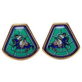 Boucles d'oreilles clips en émail vert Hermès Jockey Cloisonne Vert