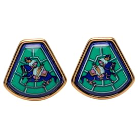 Green Hermès Enamel Jockey Cloisonne Clip On Earrings Green
