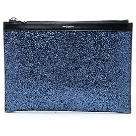 Clutch per Tablet con Zip in Pelle Glitterata Nera Saint Laurent Nero