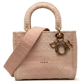 Sac à main Lady D Lite en toile brodée Cannage Dior rose, taille Medium Rose