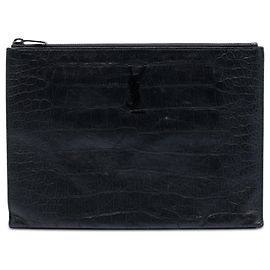 Black Saint Laurent Croc Embossed Leather Monogram Document Holder Clutch Bag Black