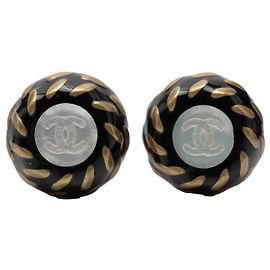 Black Chanel Resin and Gold Plated CC Button Clip On Earrings Black