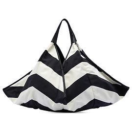 Black Chanel CC Canvas Stripe Tote Black