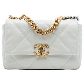 White Chanel Medium Lambskin 19 Flap Satchel White